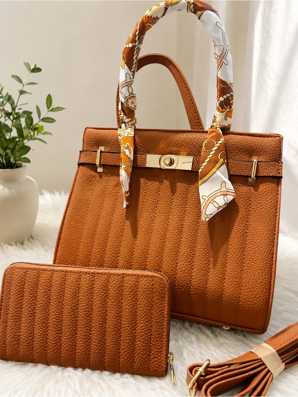 NWT WEIYI Brown Vegan Leather Handbag & Wallet Set